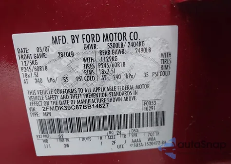 2007 Ford Edge Sel Plus z USA, uszkodzony, nr VIN 2FMDK39C87BB14827